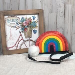 Betsey Johnson “ I Love Hue” Rainbow Purse with Fuzzy Pom Cloud Charm